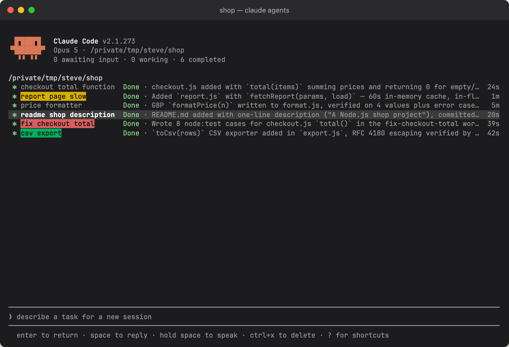 Renamed, coloured sessions in the list
